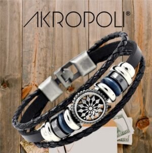 Pulsera Mandala Nocturna Cuero Negro y Detalles Místicos