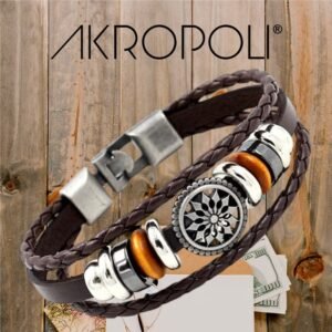 Pulsera Mandala Solar Cuero Café y Detalles Místicos